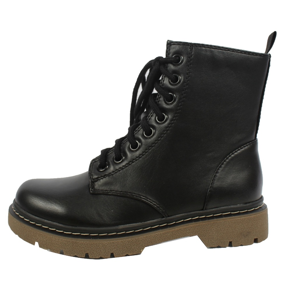 Black Faux Leather Lace Up Lug Sole Military Boot - Picture 2 of 8